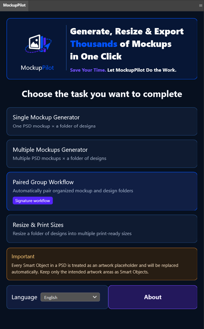 The actual MockupPilot home screen inside Adobe Photoshop