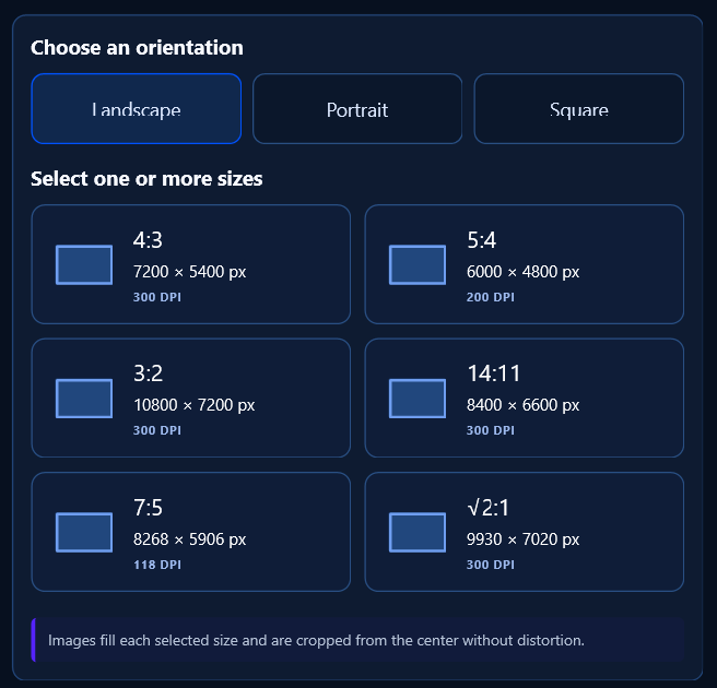 Landscape print size choices