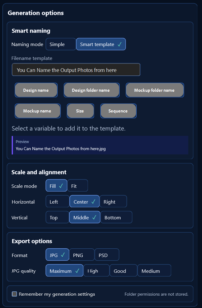 Smart Naming template controls in Single Mockup Generator